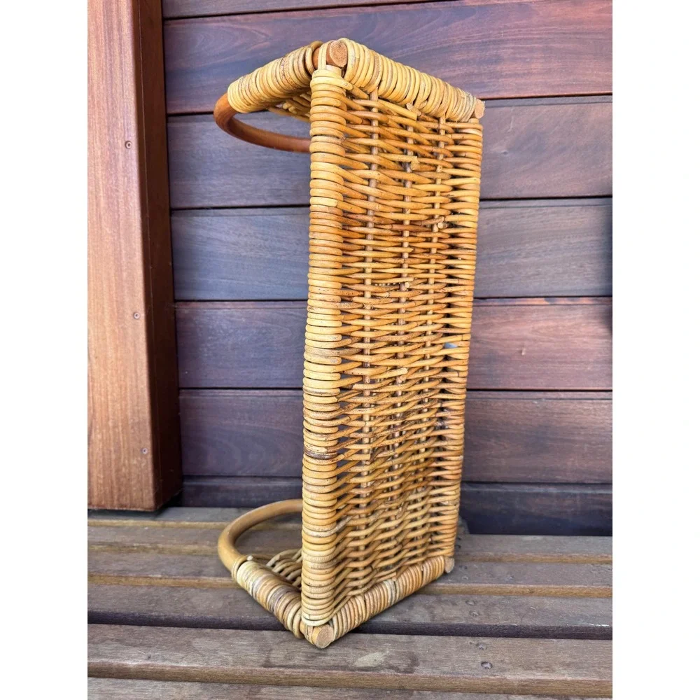 Vintage Wicker Rattan Storage Basket Rectangular Caddy with Handles 20x11x8